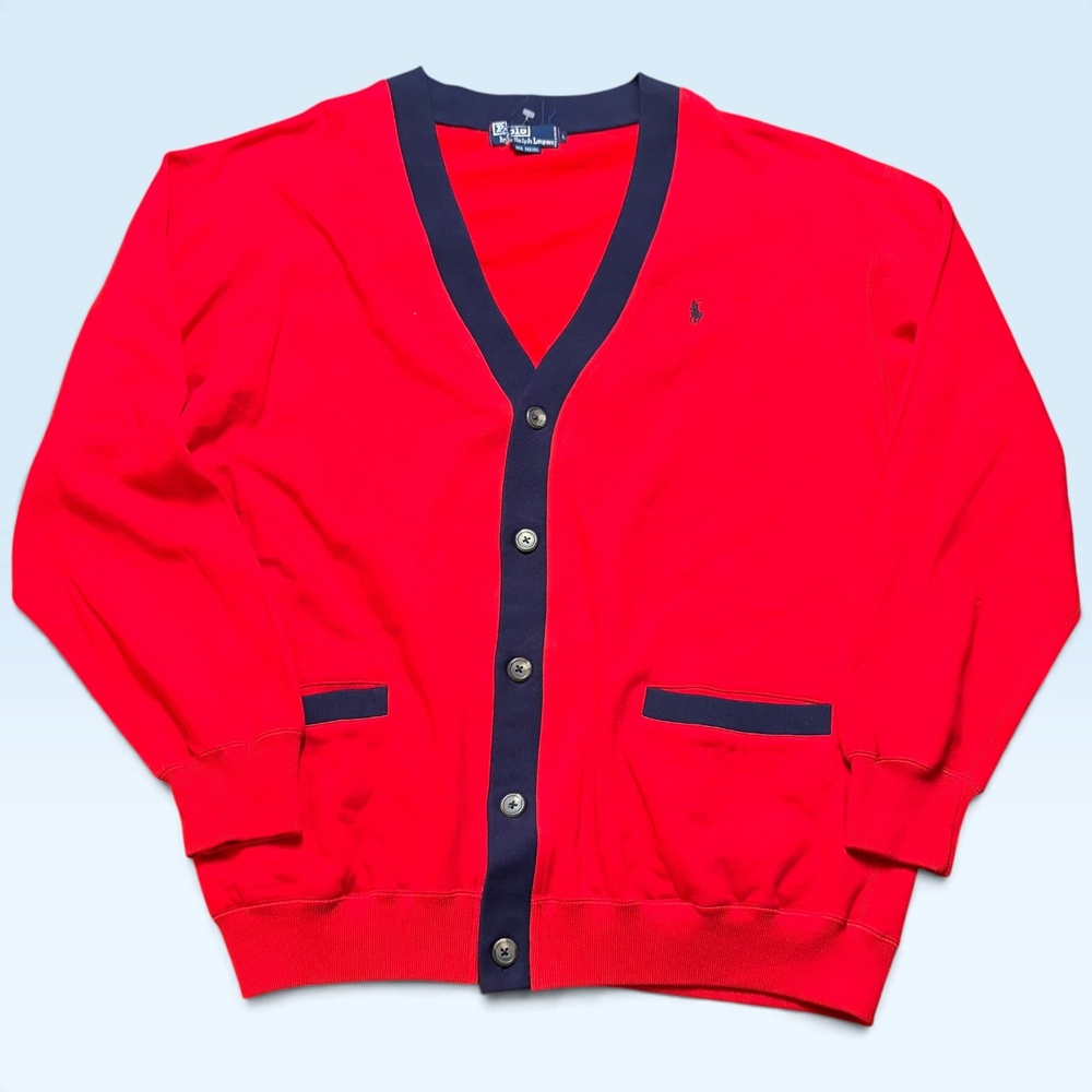 Vintage Polo By Ralph Lauren Fleece Sweater Mens Large Red Cardigan V Neck Knit